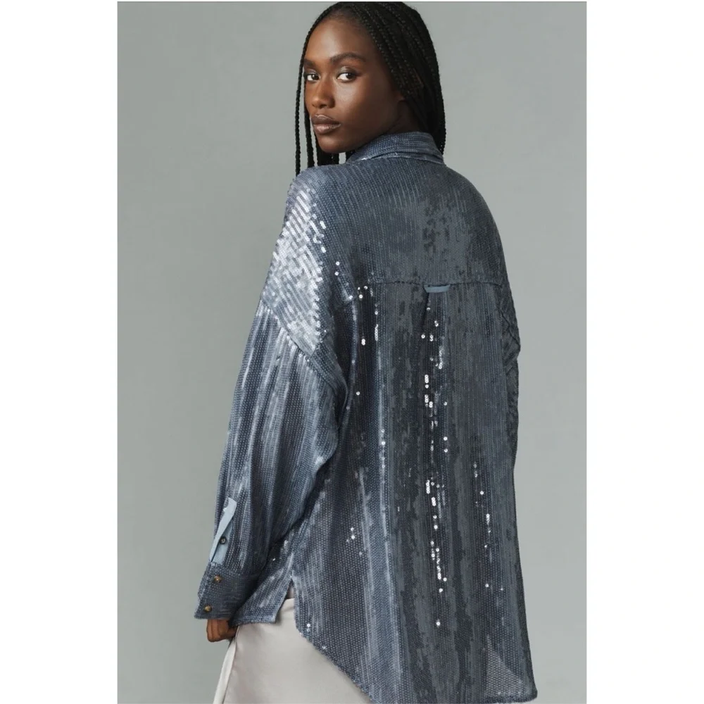 Anthropologie Pilcro Sequin Oversized Shirt Blue Button Down Top M NWT - Picture 2 of 3